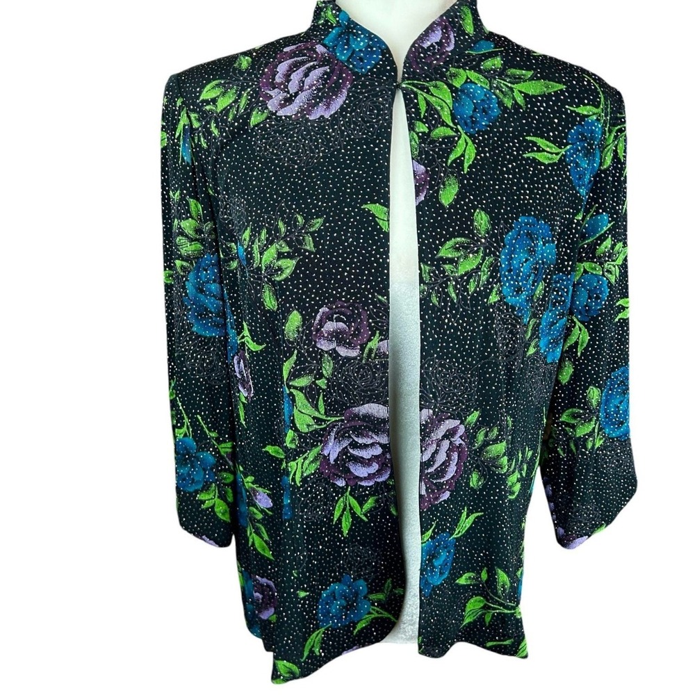 VTG Alex Evenings Metallic Floral Jacket Petite XL Party Glam Whimsigoth Stretch